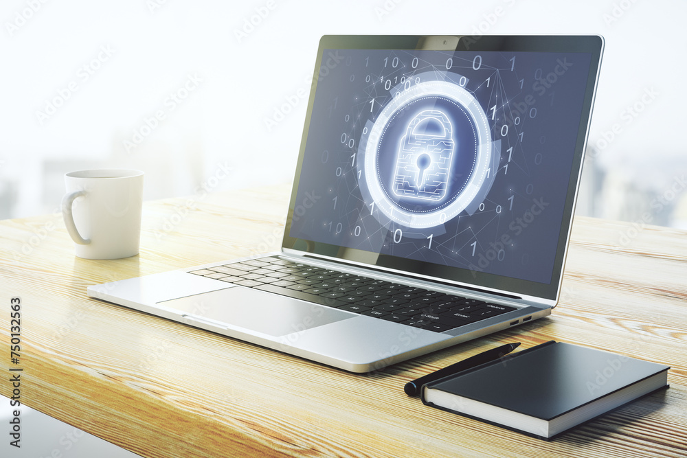 Poster Modern computer monitor with creative lock hologram and chip. Information security concept. 3D Rendering
