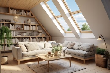 Spacious and airy attic living room with cozy couches, skylights, and wall-to-wall bookshelves filled with books..