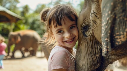 little girl is hugging a little elephant in the zoo, she looks very happy