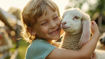 little boy was hugging a sheep in the zoo very happily