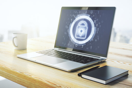 Modern computer monitor with creative lock hologram and chip. Information security concept. 3D Rendering