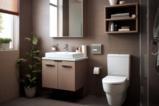 Contemporary bathroom design for small space with sleek wooden vanity, tiled walls, and a touch of greenery by the window..