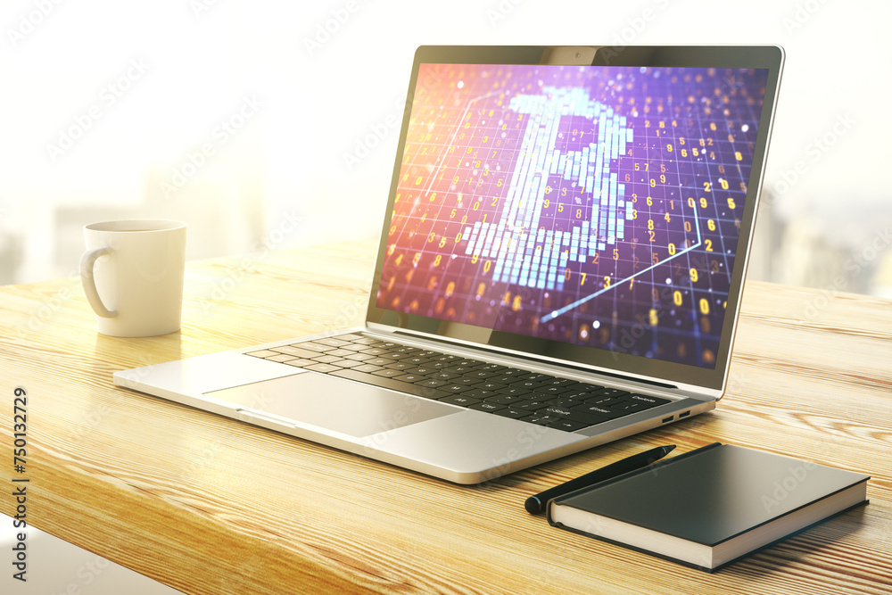 Poster creative bitcoin concept on modern laptop screen. 3d rendering