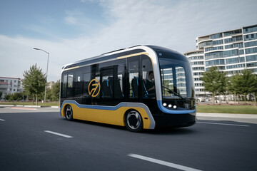 Self driving bus. Autonomous bus driving in city. Future Electric passenger buse. Self-driving passenger electric bus. Public electric E-bus. Driverless bus line with 5g autonomous driving buses.