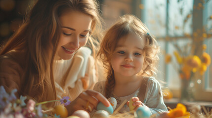 Mother and daughter are painting Easter eggs. DIY Spring children project at home