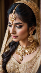 Golden Splendor: Mesmerizing Portrait of an Indian Bride in Opulent Golden Attire and Regal Jewelry, Generative AI.