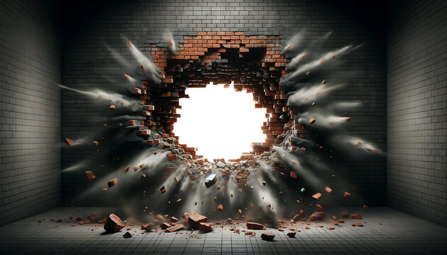 Brick wall with a large hole in the middle. Concept of breaking through and revealing. PNG Transparent