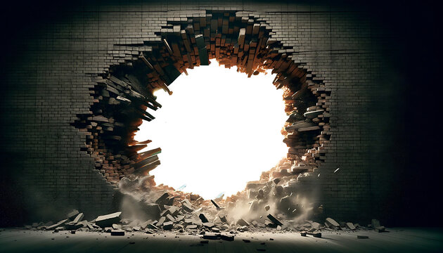 Brick wall with a large hole in the middle. Concept of breaking through and revealing. PNG Transparent
