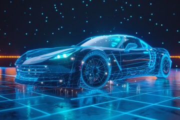Fototapeta na wymiar Futuristic Car on Tiled Floor With Stars