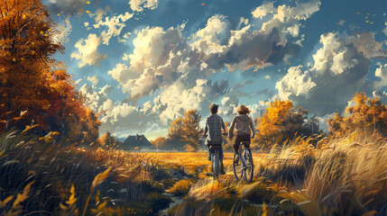 A couple taking a leisurely bike ride through a quaint countryside, enjoying each other's company.