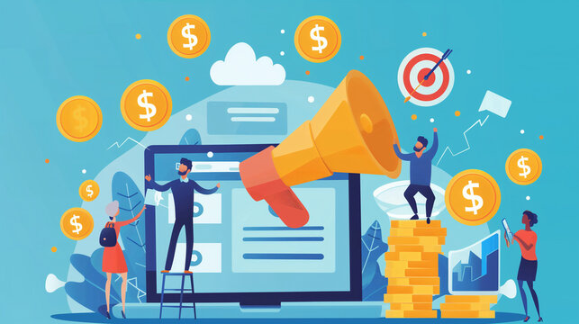 Stylized digital marketing and affiliate marketing graphics on a monitor.