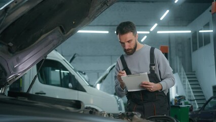Auto mechanic professional technical expert Caucasian man male checking car manual maintenance write checklist on clipboard automobile diagnostics inspect transport at vehicle service station garage