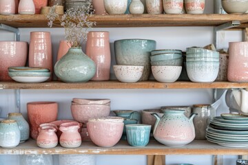 Fototapeta na wymiar A variety of handcrafted pottery pieces in pastel tones, artfully arranged on rustic wooden shelving