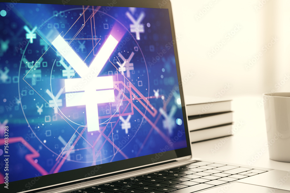 Poster creative japanese yen symbol illustration on modern computer monitor, forex and currency concept. 3d