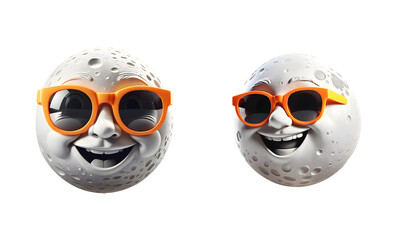 Lua com óculos escuros. Conjunto de luas alegres usando óculos de sol laranjas - visto de frente e de lado - isolado em fundo transparente.