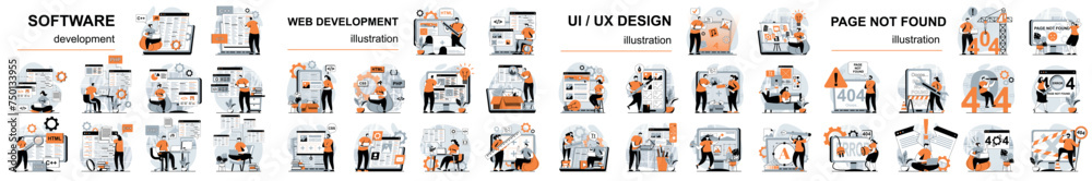 Aufkleber Mega set flat design concept web development, ui and ux design, programming software with people character situations. Bundle of different scenes. Collection vector illustrations.