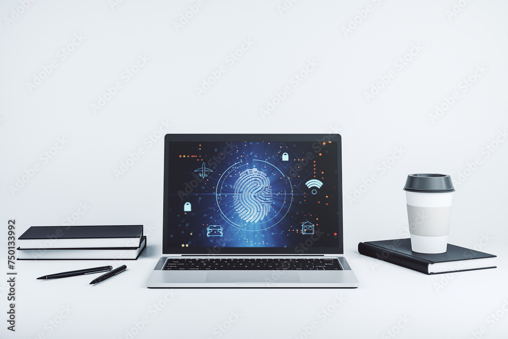 Poster Modern computer screen with creative fingerprint hologram, personal biometric data concept. 3D Rendering