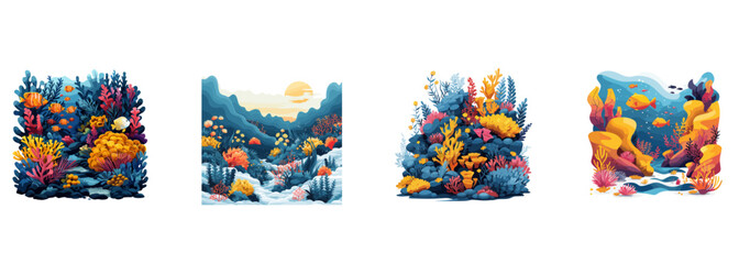 Underwater scene, marine life, ocean floor clipart vector illustration set