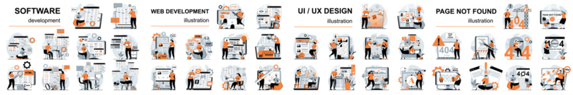 Mega set flat design concept web development, ui and ux design, programming software with people character situations. Bundle of different scenes. Collection vector illustrations.