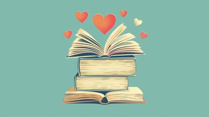 Stack of Books With Hearts Flying Out - obrazy, fototapety, plakaty