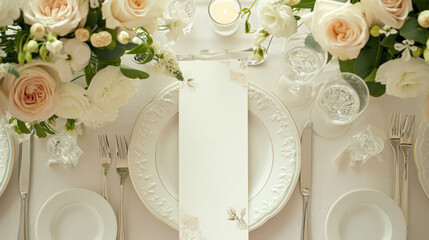 Elegant Table Setting with Floral Decorations and Blank Menu Card