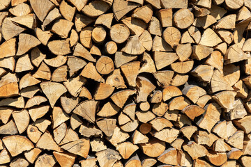 Stacks of Firewood. Preparation of firewood for the winter.