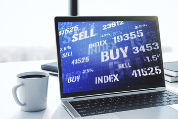 Abstract creative financial graph on modern laptop monitor, forex and investment concept. 3D Rendering