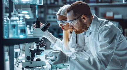 Health care researchers work in a life science laboratory.