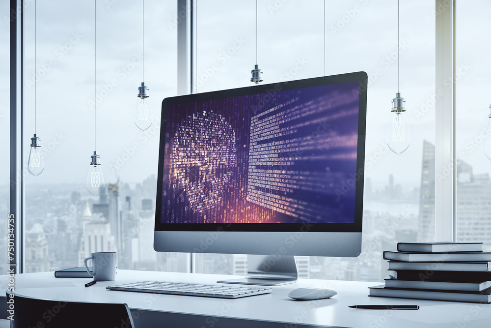 Poster Modern computer monitor with creative code skull hologram. Malware and cyber crime concept. 3D Rendering
