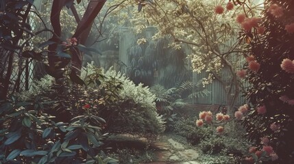 Vintage photos of home gardens from the past evoke an old-fashioned charm, mysterious, horror, with serene colors that recall Polaroid pictures. - obrazy, fototapety, plakaty