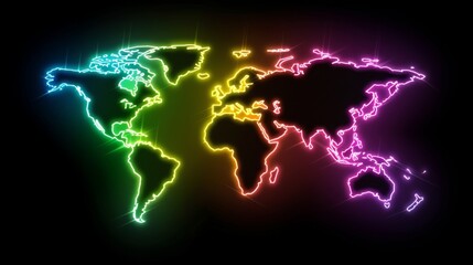 Neon Colored World Map on Black Background