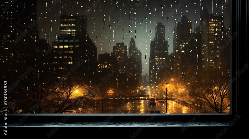 Wall mural Rain wets the window against the backdrop of an autumn night cityscape.