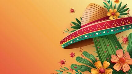 Sombrero and Flowers on Yellow Background