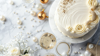 An elegant birthday flat lay on a white marble background, featuring champagne glasses, a sophisticated cake with gold accents, pearl decorations, and invitation
