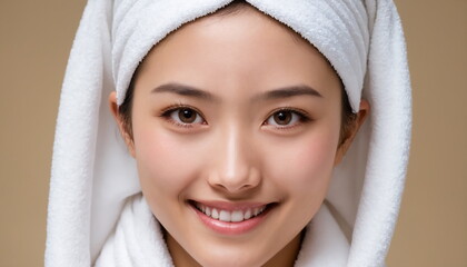 A Japanese woman enjoys a warm, calm atmosphere. Wrapped in a soft white towel, her head is decorated with a fluffy turban, and her face radiates a peaceful radiance.