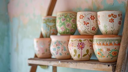 Hand painted terracotta pots arranged on a wooden ladder shelf, each pot featuring unique floral and geometric designs, against a pastel-hued wall