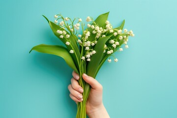 A hand presents a bouquet of Lilies of the Valley against a blue background with text celebrating May Day, Labor Day - obrazy, fototapety, plakaty