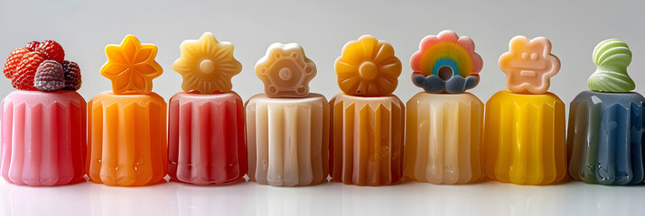 A 3D animated cartoon render of rainbow-colored gelatin molds in various shapes. - obrazy, fototapety, plakaty