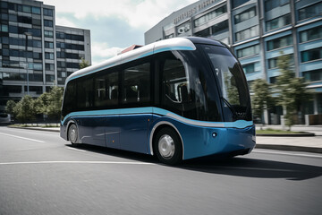 Self driving bus. Autonomous bus driving in city. Future Electric passenger buse. Self-driving passenger electric bus. Public electric E-bus. Driverless bus line with 5g autonomous driving buses.