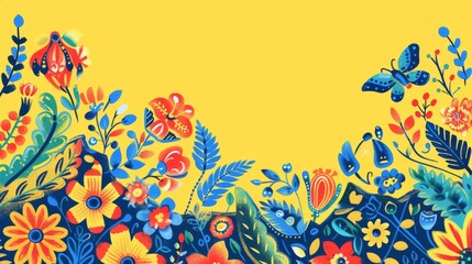 Flowers and Butterflies Painting on Yellow Background