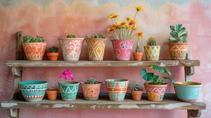 A close-up of vibrant hand-painted terracotta pots arranged on wooden shelves