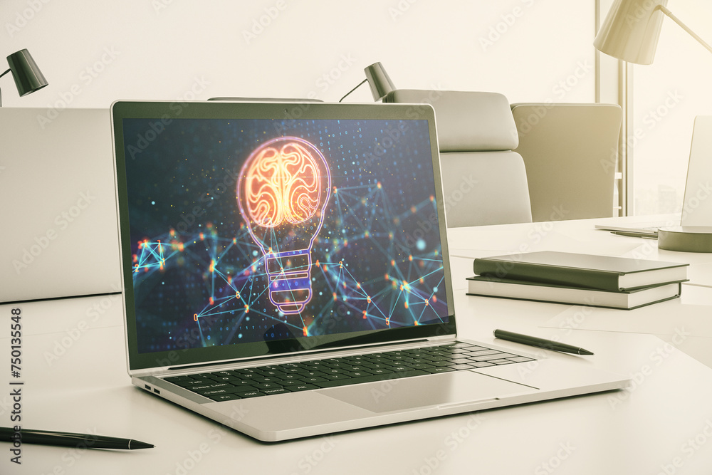 Aufkleber Creative idea concept with light bulb and human brain illustration on modern laptop screen. Neural networks and machine learning concept. 3D Rendering