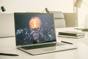 Creative idea concept with light bulb and human brain illustration on modern laptop screen. Neural networks and machine learning concept. 3D Rendering
