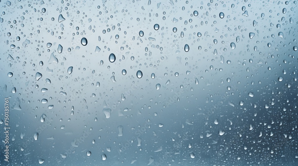 Poster Raindrops create a natural pattern on window glass, set against a cloudy background, offering a serene yet dynamic scene.