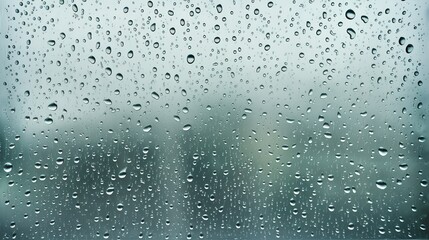 Raindrops create a natural pattern on window glass, set against a cloudy background, offering a serene yet dynamic scene.