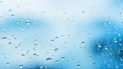 Raindrops create patterns on glass against a backdrop of blue and white skies.