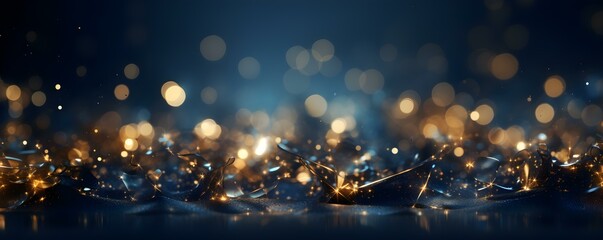 Sophisticated dark blue and gold abstract background with twinkling Christmas lights. Concept Abstract Background, Dark Blue, Gold, Christmas Lights, Sophisticated - obrazy, fototapety, plakaty