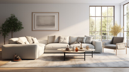 A modern living room with customizable furniture featuring a plush grey couch and a low coffee table