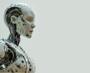 Portrait of a cyborg woman, robot head on a gray background. Concept of technology, science, robotics, artificial intelligence. Copy space for text, message, logo, advertising	
