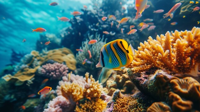 artificial intelligence image of a coral reef, with beautiful colors and even more beautiful wildlife and fish